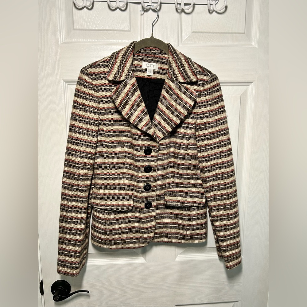 18. LOFT single breast blazer multi color stripes neutral colors pop red size 2